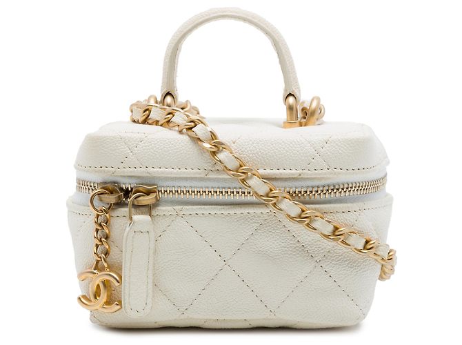 Vanity Necessaire Chanel White Mini Caviar Chain Zip Around Branco