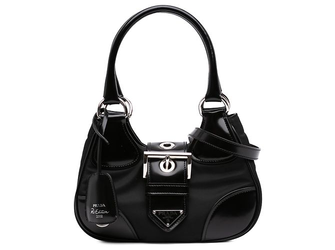 Borsa Prada Black Re Nylon e pelle di vitello lucida Re Edition 2002 Moon Nero