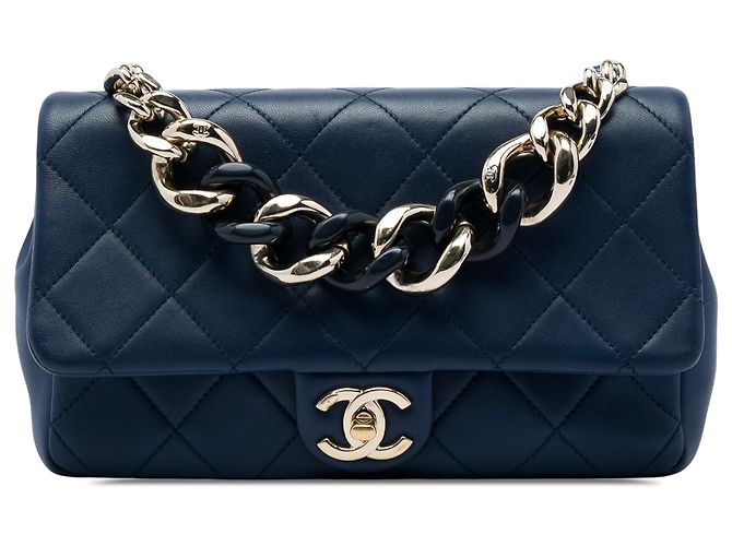 Chanel Blue Small Lambskin Elegant Chain Single Flap Bleu Bleu foncé