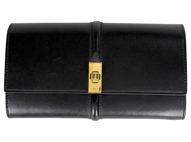 Céline Carteira longa bi-fold de couro preto Celine