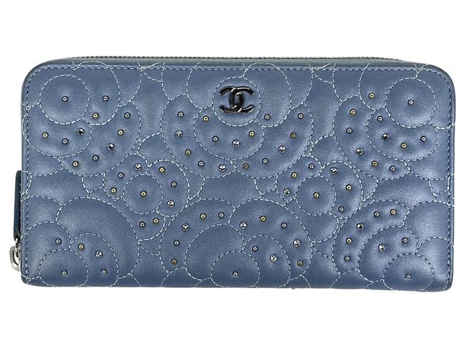 Chanel Camellia Blue Leather Long Wallet