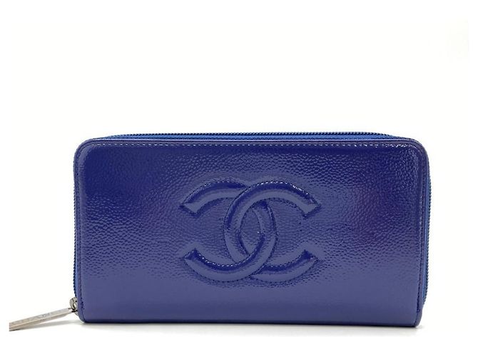 Chanel Coco Mark Round Zip Leather Long Wallet Blue