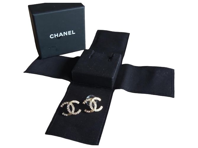 Boucles d'oreilles Chanel CC Logo Strass Dorées