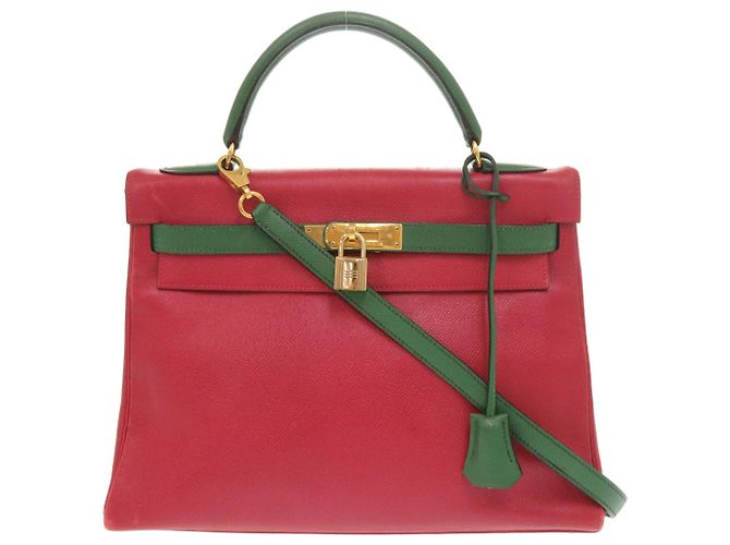 Hermès Borsa Hermes Kelly 32 in Rouge Vif e Vert Rosso Verde chiaro