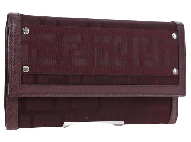 FENDI Zucca Canvas Trifold Wallet Nylon Leather Bordeaux Silver Auth am12141V