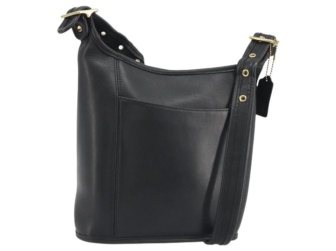 Bolsa de Ombro Coach em Couro Preto e Dourado Auth 191112