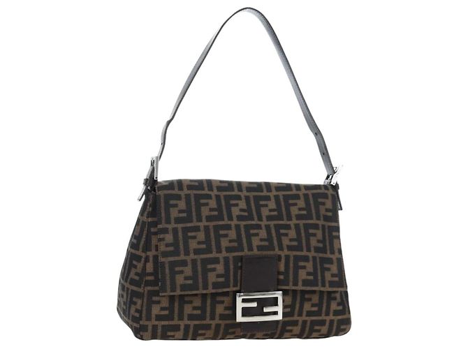 FENDI Zucca Canvas Mamma Baguette Schultertasche Braun Silber Auth 192730V