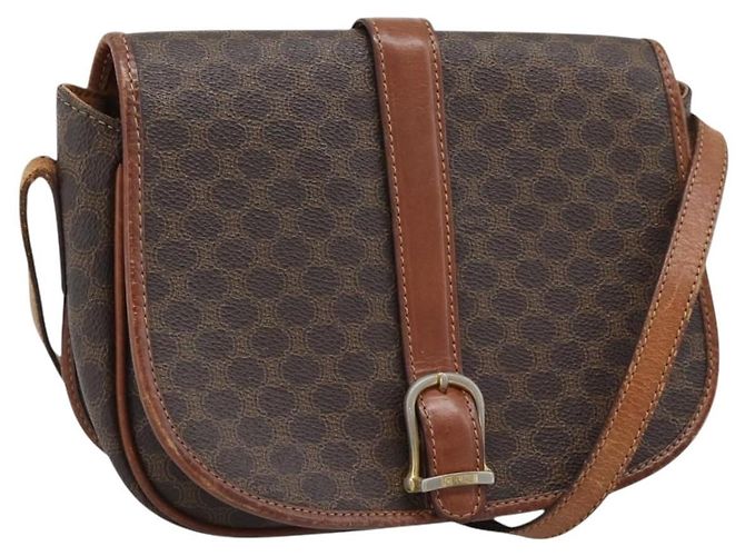Céline Bolsa de Ombro CELINE Macadam Canvas PVC Couro Marrom Ouro Auth 194551 Dourado
