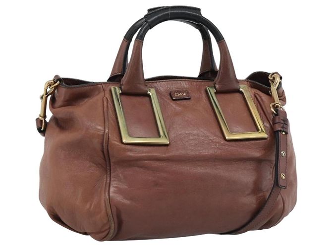 Chloé Bolsa de Ombro Chloe Etel Couro 2way Marrom Ouro Auth hk3984 Dourado