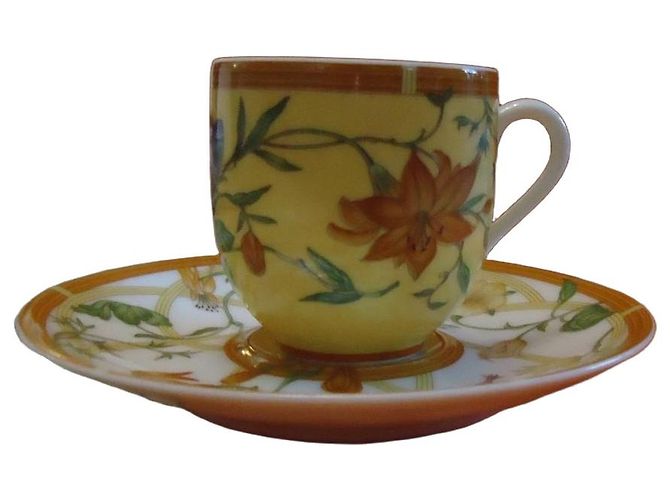 Hermès Set Tazza e Piattino in Ceramica Bianco Verde Arancione 