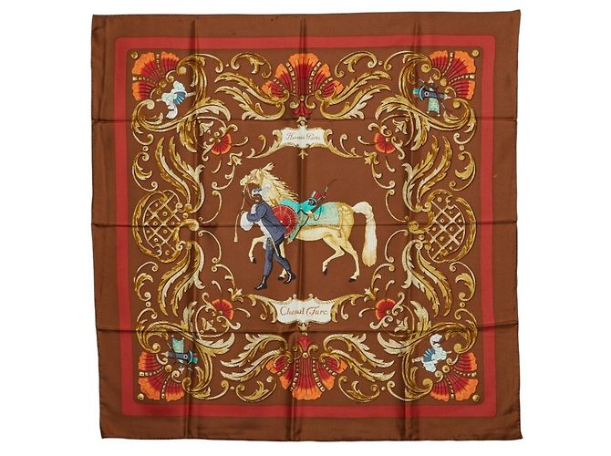 Hermès Sciarpa in seta Hermes Carre 90 Cheval Turc Marrone Multicolore