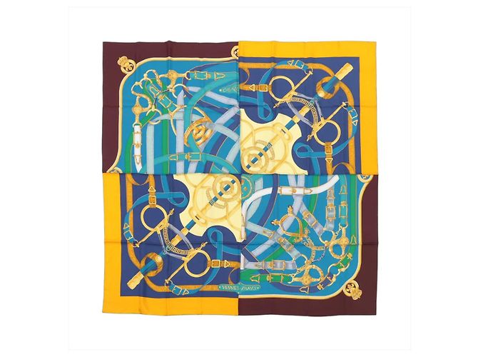 Pañuelo de seda Hermès 140 "Eperon d'Or" Azul x Marrón Castaño