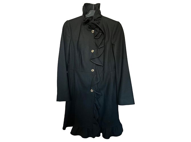 RED VALENTINO Black Wool Blend Ruffled Coat