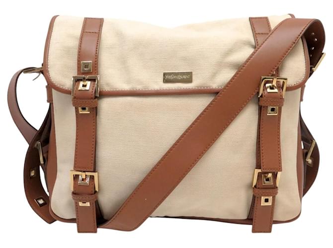 VINTAGE SAC A MAIN YVES SAINT LAURENT BESACE MESSENGER BANDOULIERE TOILE BAG Beige 
