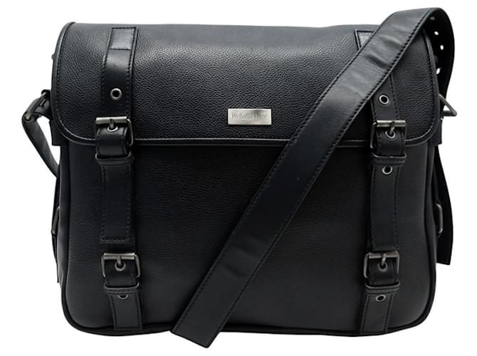 VINTAGE SAC A MAIN YVES SAINT LAURENT BESACE SACOCHE MESSENGER EN CUIR NOIR BAG 
