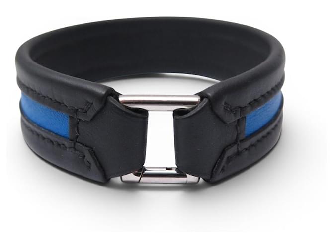 Hermès NEW HERMES TWO-TONE LEATHER BRACELET BLUE & BLACK T19 PALLADIUM STEEL BUCKLE 