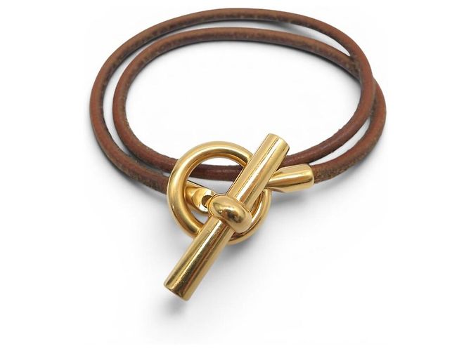 Hermès COLLIER HERMES GLENAN BRACELETE DOUBLE VOLTA EM METAL DOURADO E COURO Marrom