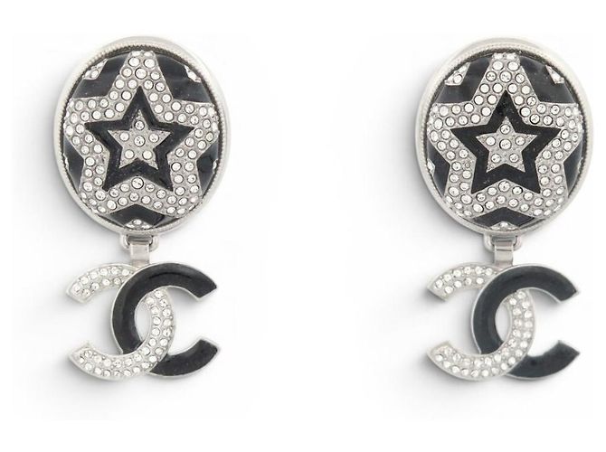 NUOVI ORECCHINI CHANEL LOGO CC STELLA STRASS EMAIL NERO Argento