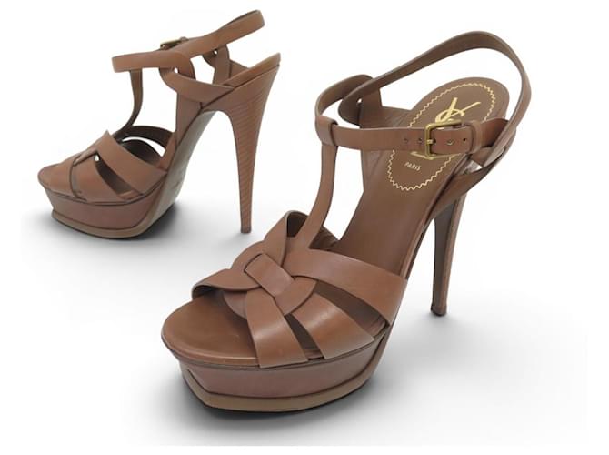 CHAUSSURES YVES SAINT LAURENT TRIBUTE 267369 SANDALES 38 CUIR MARRON SHOES 