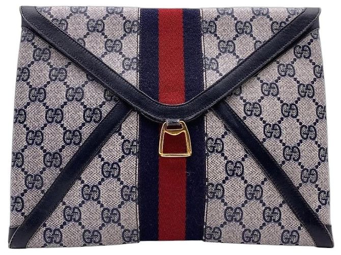 Gucci Vintage Blue Monogram Canvas Ophidia Clutch Envelope Bag Blau