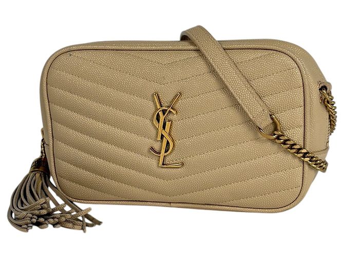 Bolsa de ombro Lou Mini em couro com franjas Saint Laurent Bege
