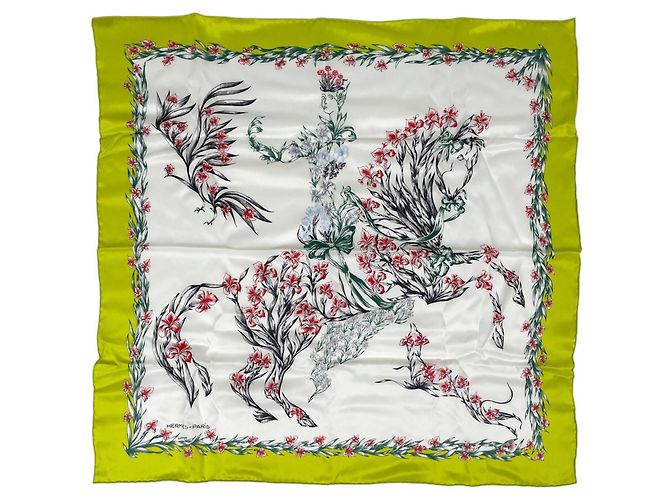 Silk In Hermès Sciarpa Hermes con motivo floreale e cavallo Bianco Multicolore Verde