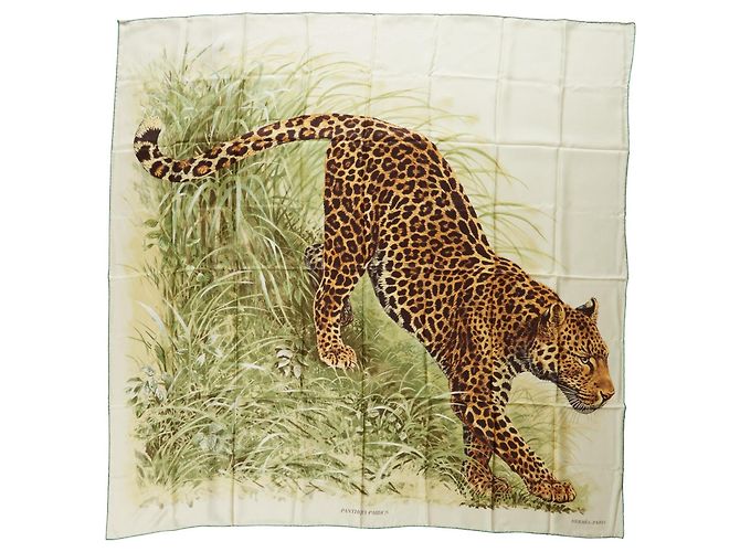 Hermès Sciarpa in seta Hermes Panthera Pardus 140 GM Sciarpa da Robert Dallet Marrone Nero Beige Verde