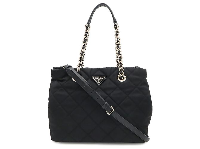 Bolsa de Ombro Prada Tessuto Triangle Chain Preto