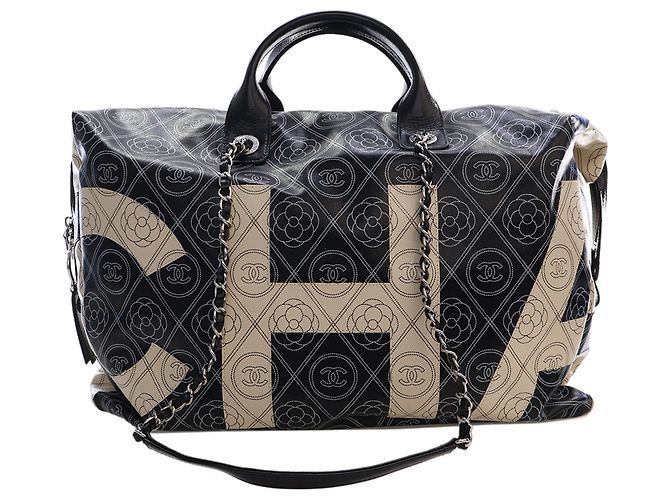 Borsa Bowling Chanel Black Large Coated Canvas Camellia Maxi Logo Nero