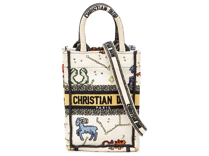 Dior White Mini Embroidered Canvas Pixel Zodiac Vertical Book Tote