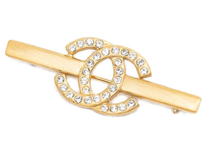 Spilla Bar Chanel Gold CC placcata oro e strass D'oro