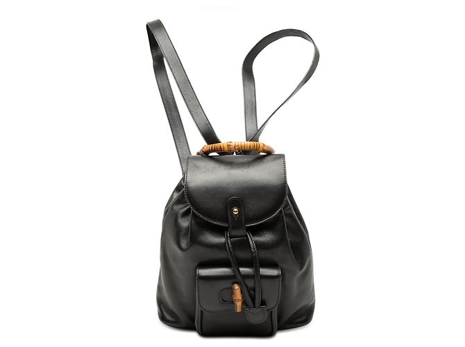 Gucci Black Calfskin Bamboo Drawstring Backpack