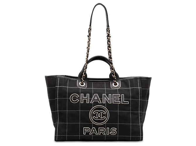 Tote Deauville Chanel Black Medium Canvas Square Stitch Preto
