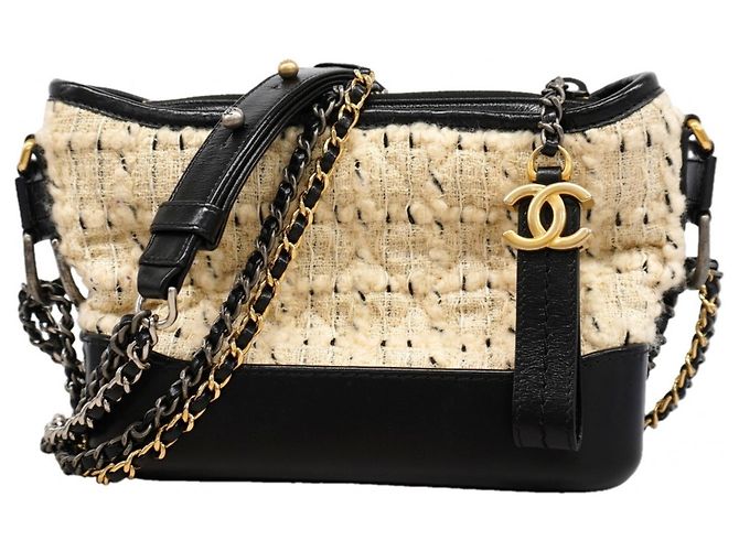 Borsa a tracolla Chanel Gabrielle in tweed Nero Beige
