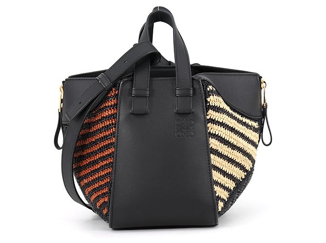 Bolsa Loewe Hammock Compact de couro e ráfia Preto Laranja