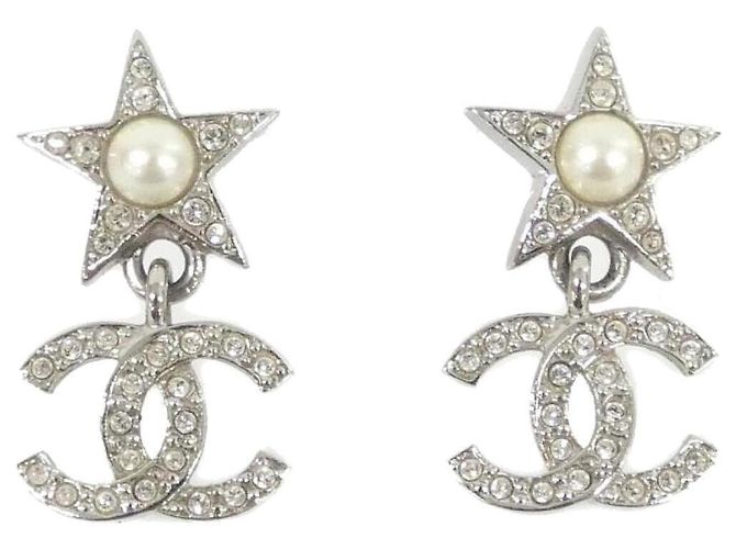 Pendientes de botón Chanel ABF758 Plata Blanco