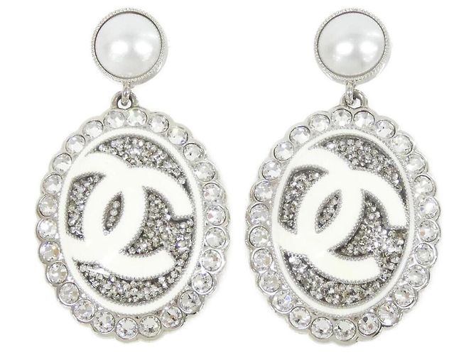 Pendientes de botón de cristal Chanel ABE874 Plata Blanco