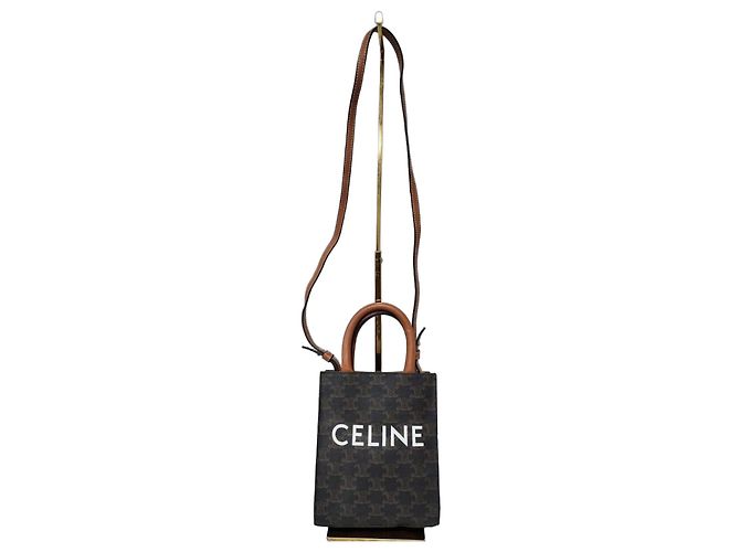 Céline CELINE Triomphe Canvas Calfskin Mini Vertical Tote Brown/Black Marron Monogramme