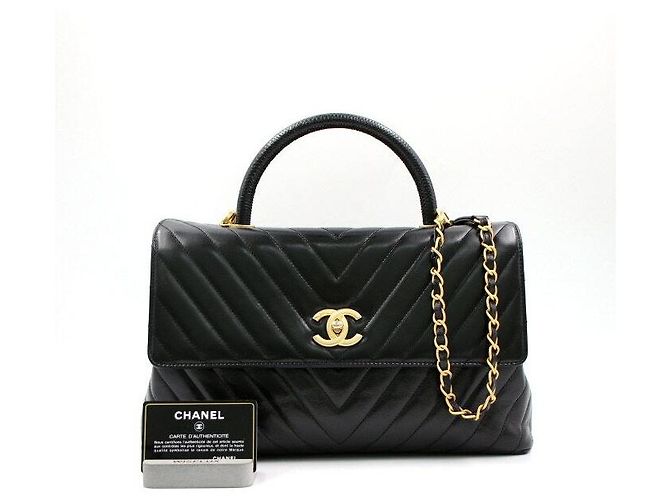 Chanel Chevron Coco Handle Gold Large Tote Shoulder Bag Black