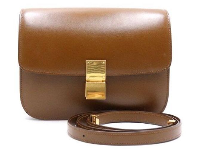 Céline Bolsa de ombro e bolsa transversal Classic Box em couro de bezerro Medium Marrom