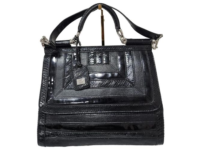 Dolce & Gabbana Dolce and Gabbana Python/Iguana Embossed Leather Large Miss Sicily Top Handle Bag Black