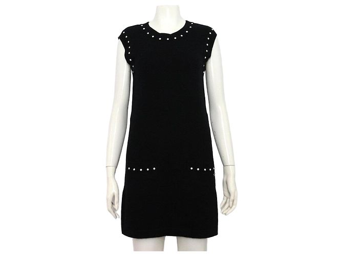 Chanel Vestido de algodão e cashmere preto com detalhes de pérolas para mulher