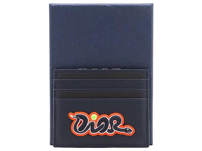 Dior Navy Blue Grain Leather Card Wallet with KAWS Snake Patch