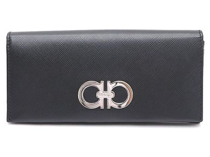 Salvatore Ferragamo Silver Gancini Long Wallet Black