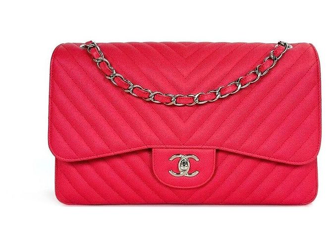 Chanel Bolsa de aba Classic Chevron Caviar com corrente Vermelho