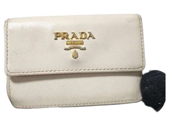 PRADA Nano Saffiano Leather Card Holder/Wallet Off-White