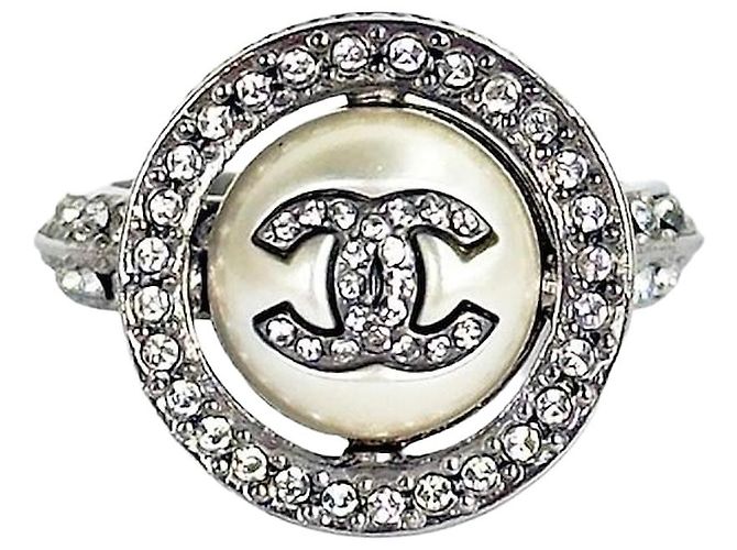 Chanel Anello Round Logo Crystal Argento