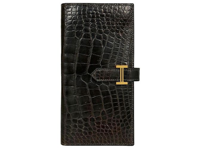 Hermès Cartera larga de cocodrilo Beank Negro