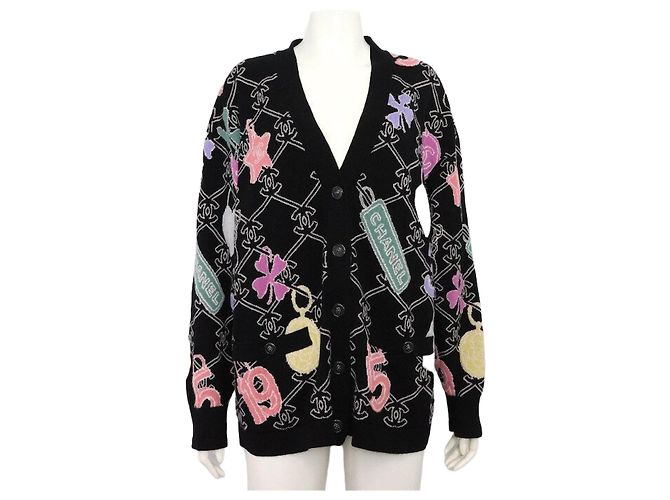 Chanel Schwarzer mehrfarbiger Kaschmir-Cardigan mit Coco-Logo