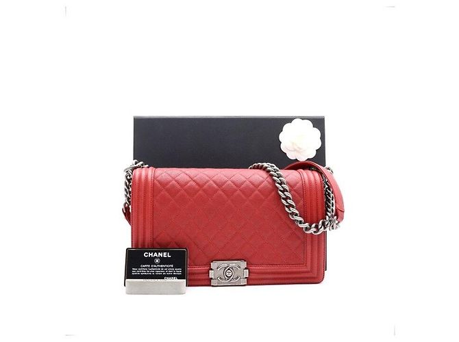 Chanel Boy Caviar Large Silver Chain Schultertasche Rot